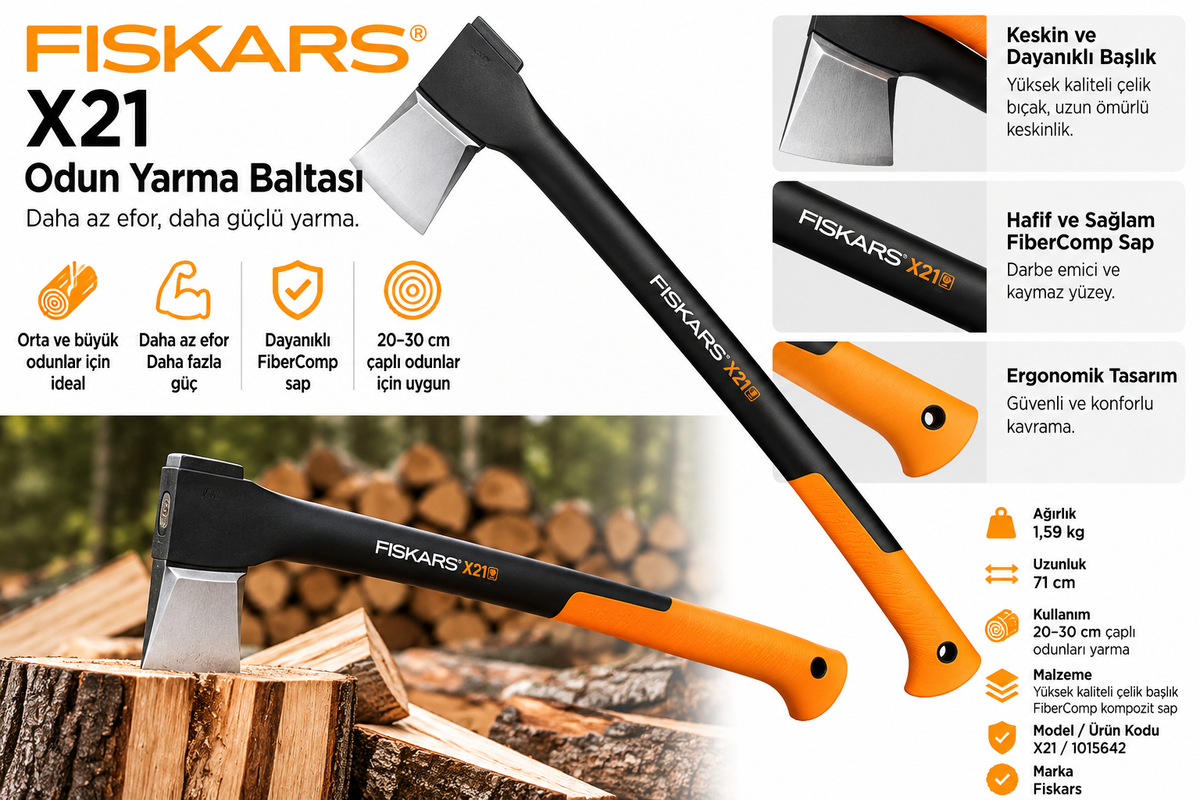 Fiskars X21 odun yarma baltası özellikleri tanıtım görseli
