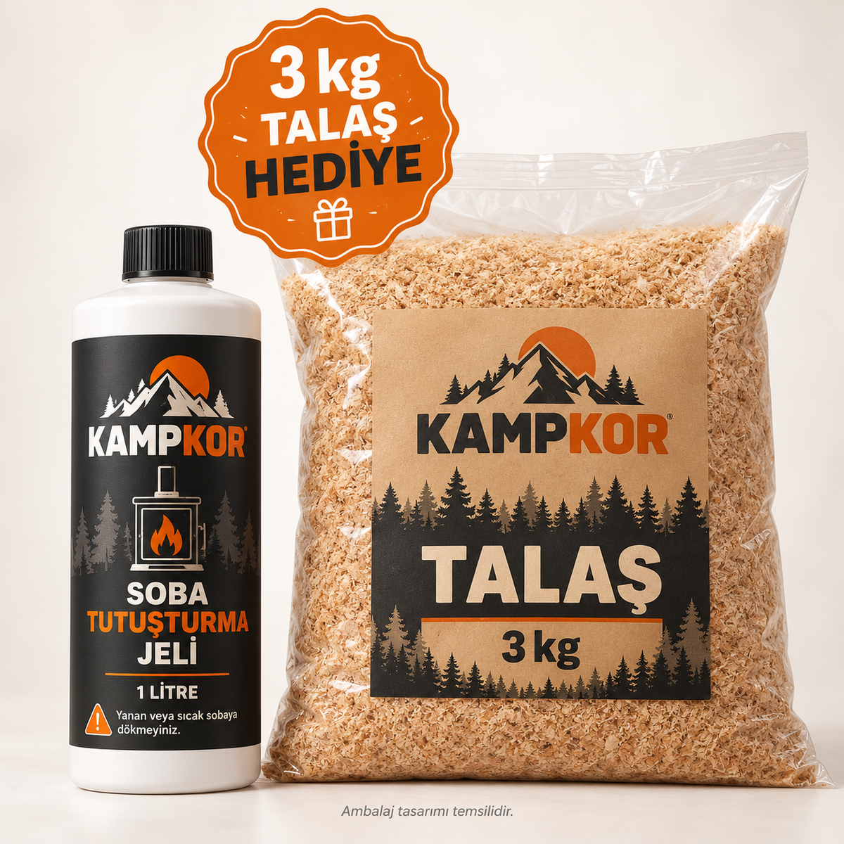 KAMPKOR 1 litre soba tutuşturma jeli ve 3 kg talaş hediyesi — temsili ambalaj tasarımı