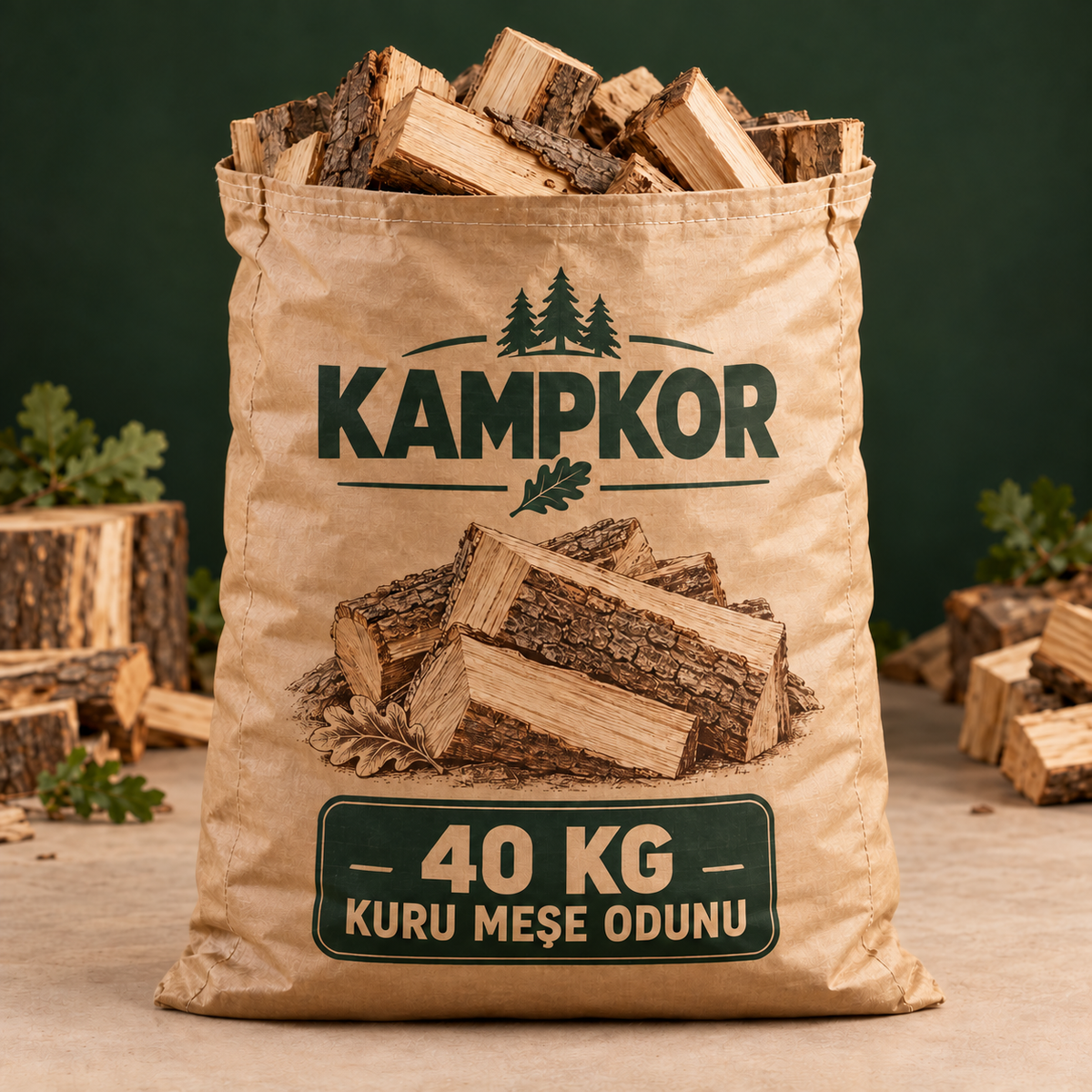 KAMPKOR Kuru Meşe Odunu – 40 kg Çuval – KAMPKOR