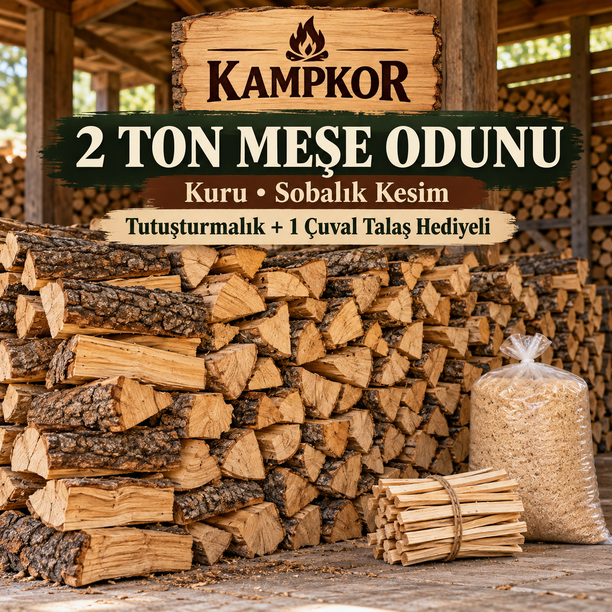 KAMPKOR 2 Ton Kuru Sobalık Meşe Odunu – Tutuşturmalık ve Çuval Talaş Hediyeli