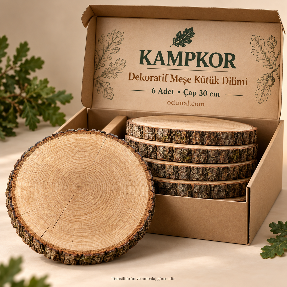 KAMPKOR 30 cm dekoratif meşe kütük dilimi 6 adet kutulu set – temsili ambalaj