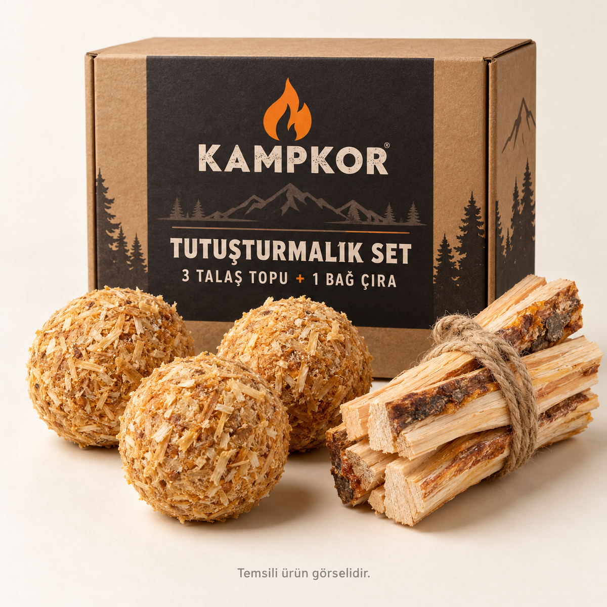 KAMPKOR tutuşturmalık set: 3 talaş topu ve 1 bağ çıra. Temsili ürün görseli.