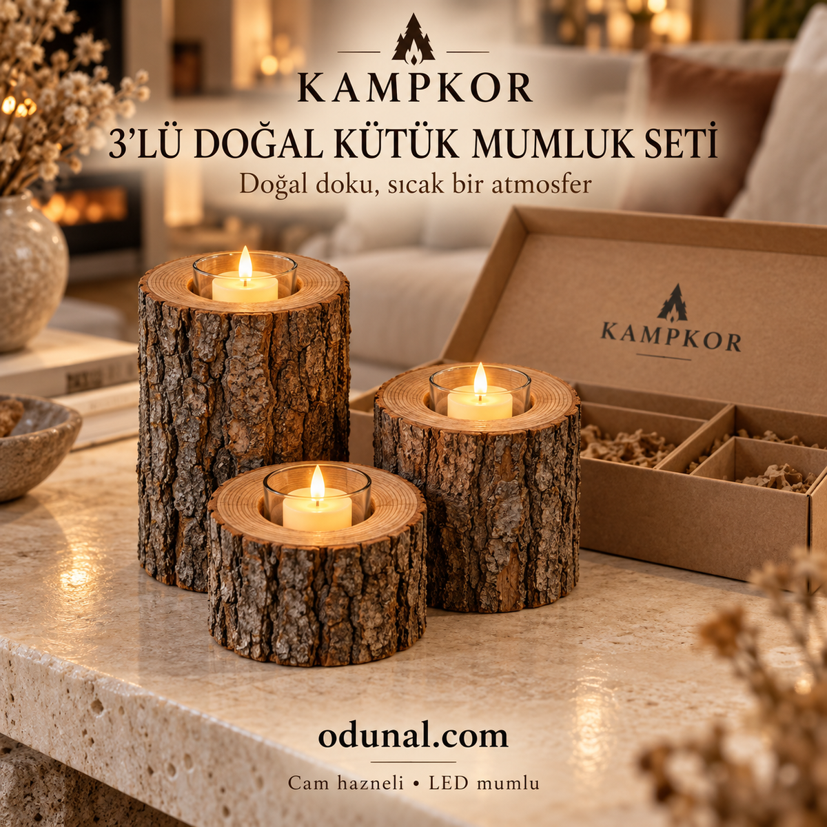 Kampkor 3’lü doğal kütük mumluk seti, cam hazneli LED mumlar ve kraft hediye kutusu