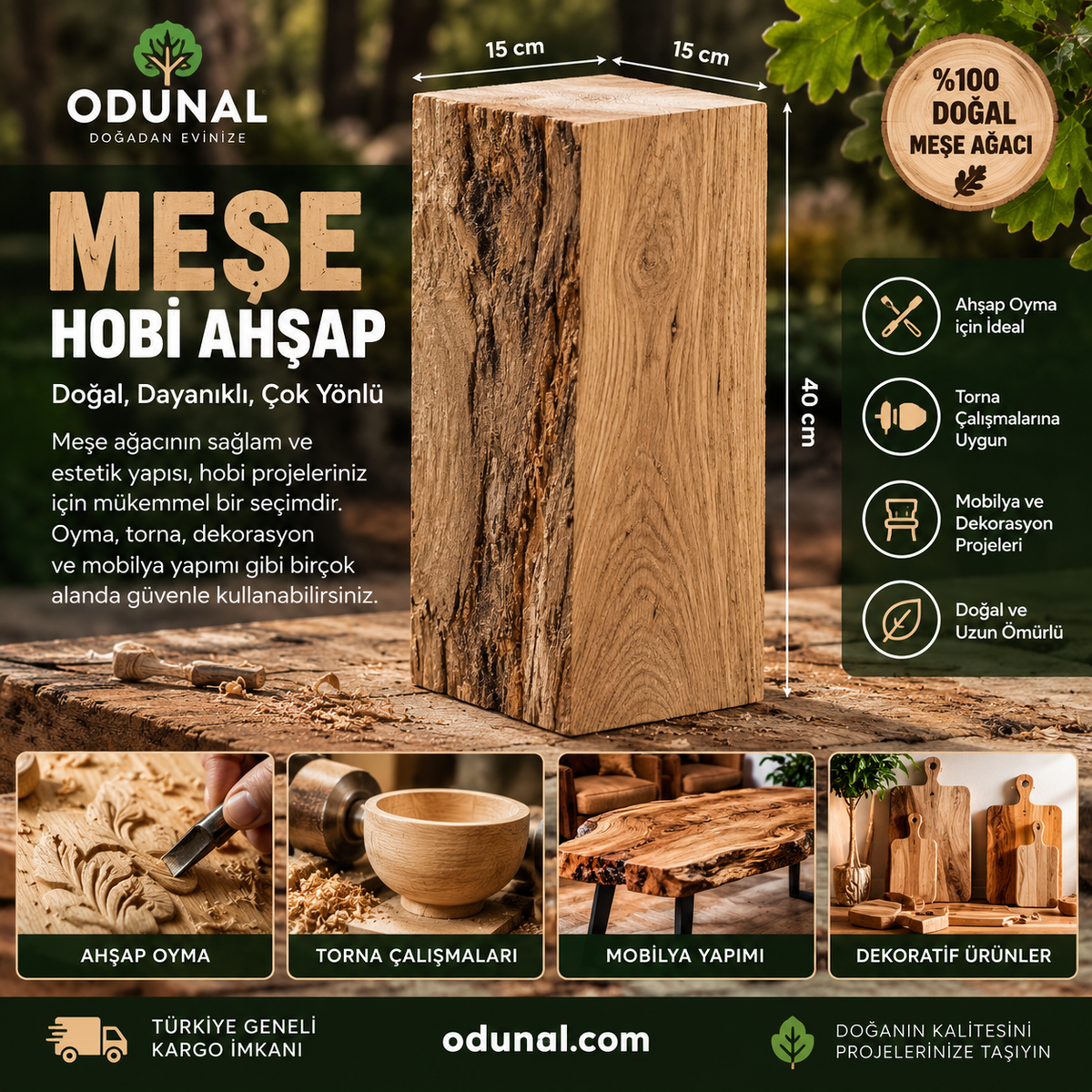 ODUNAL kuru meşe hobi ahşap bloğu 15 × 15 × 40 cm