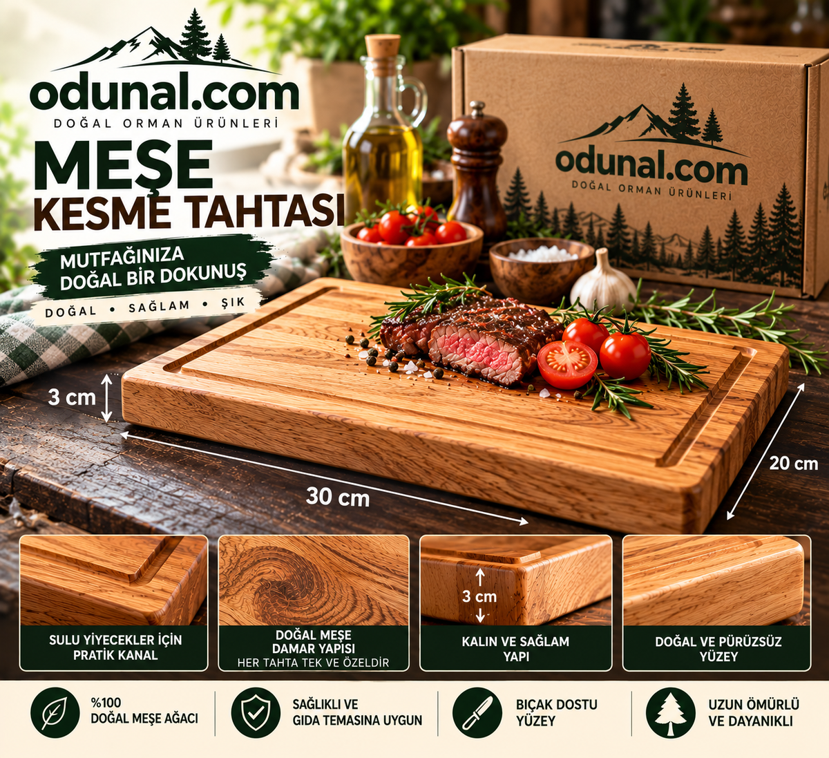 Doğal meşe kesme tahtası 30x20x3 cm, sade kutulu