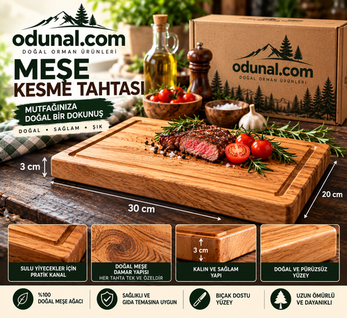Doğal meşe kesme tahtası 30x20x3 cm, sade kutulu